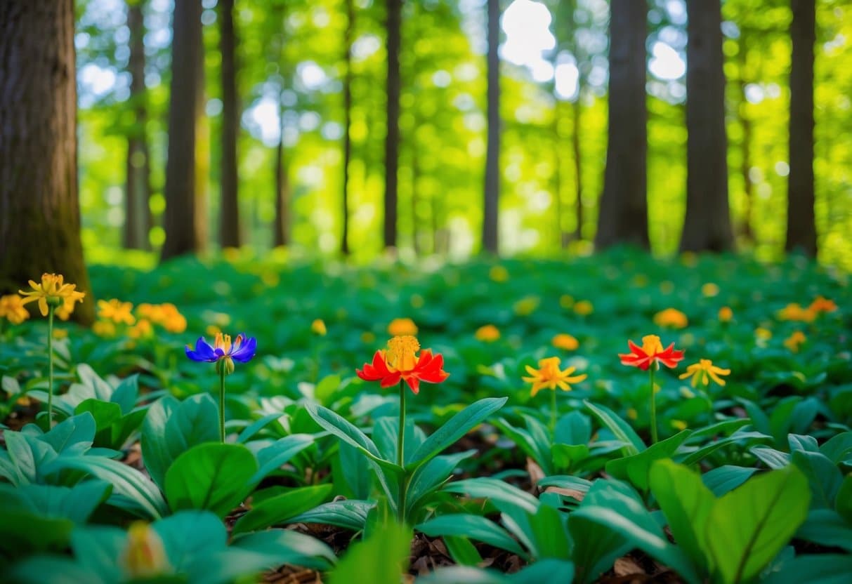 Piso de floresta exuberante e verde com flores vibrantes que amam sombra, florescendo em todas as estações