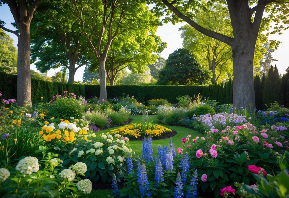 Um jardim exuberante repleto de uma variedade de flores que amam sombra, florescendo ao longo do ano, cercado por árvores altas e luz do sol filtrada.