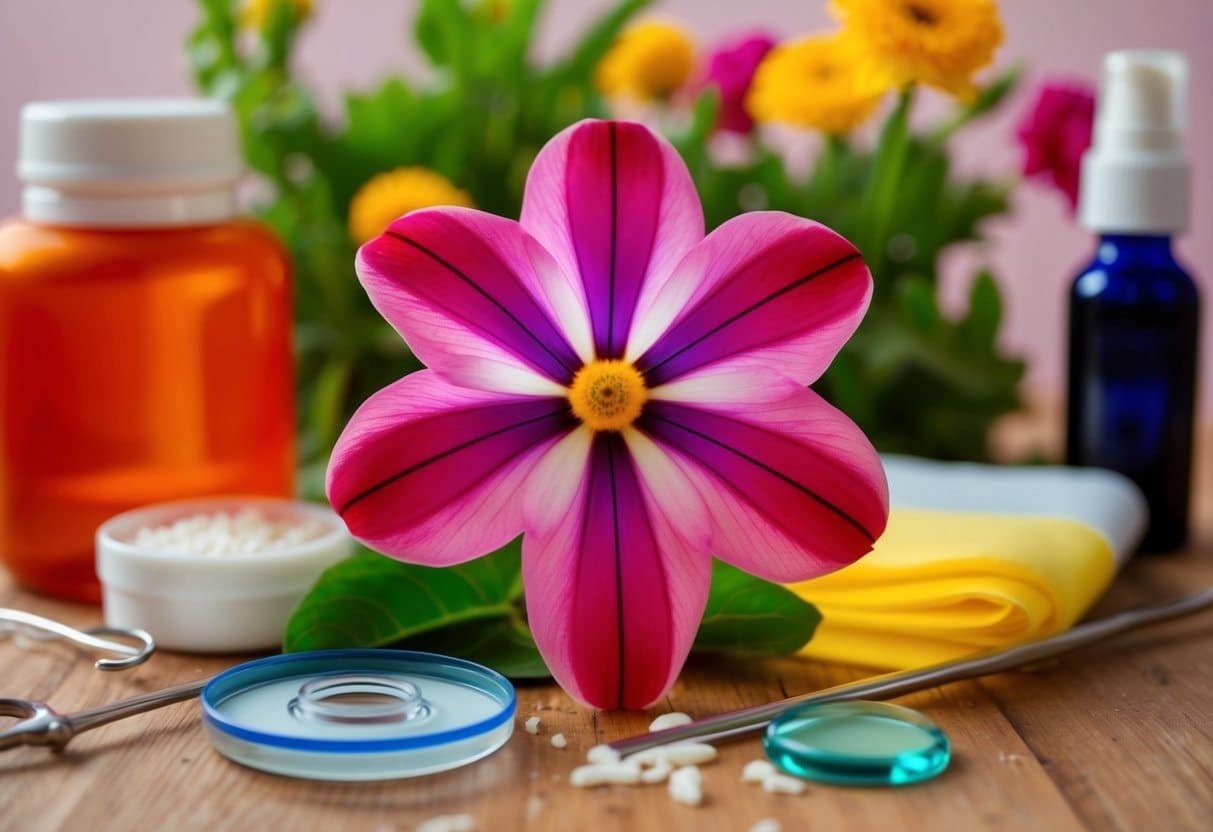Uma vibrante flor de zamioculca cercada por itens essenciais de cuidado