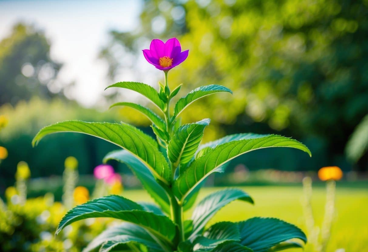 Uma vibrante planta zamioculca com folhas verdes exuberantes e uma única flor em flor, situada contra um fundo de um jardim sereno.