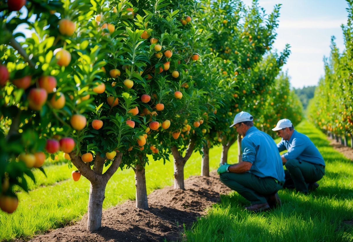 Um pomar exuberante com árvores frutíferas de crescimento rápido sendo cuidadas por jardineiros