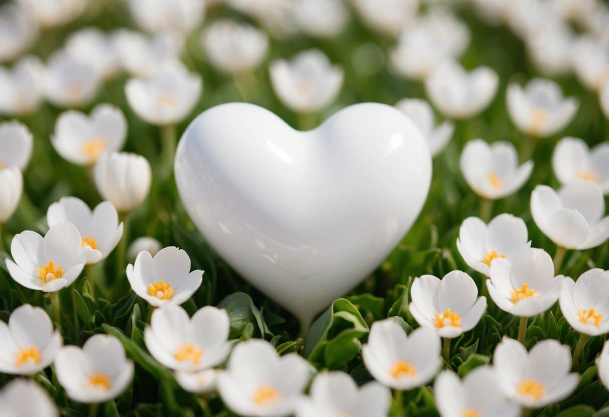 Um coração branco cercado por delicadas pétalas de flores, simbolizando pureza e inocência