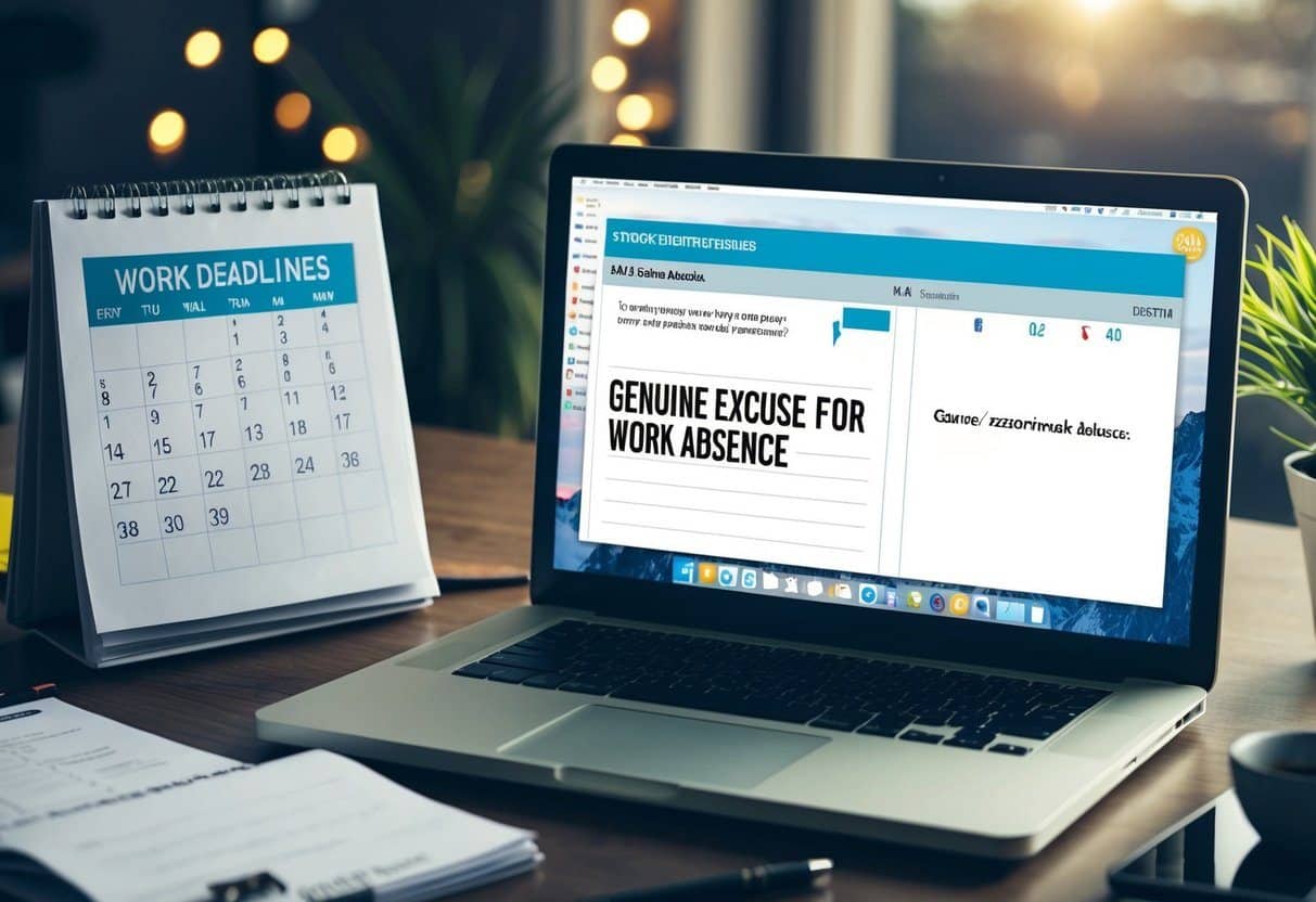 Uma mesa bagunçada com um calendário mostrando a data atual e uma lista de prazos de trabalho que se aproximam. Um laptop aberto exibe um rascunho de e-mail com o assunto "Desculpas Genuínas para Ausência no Trabalho."