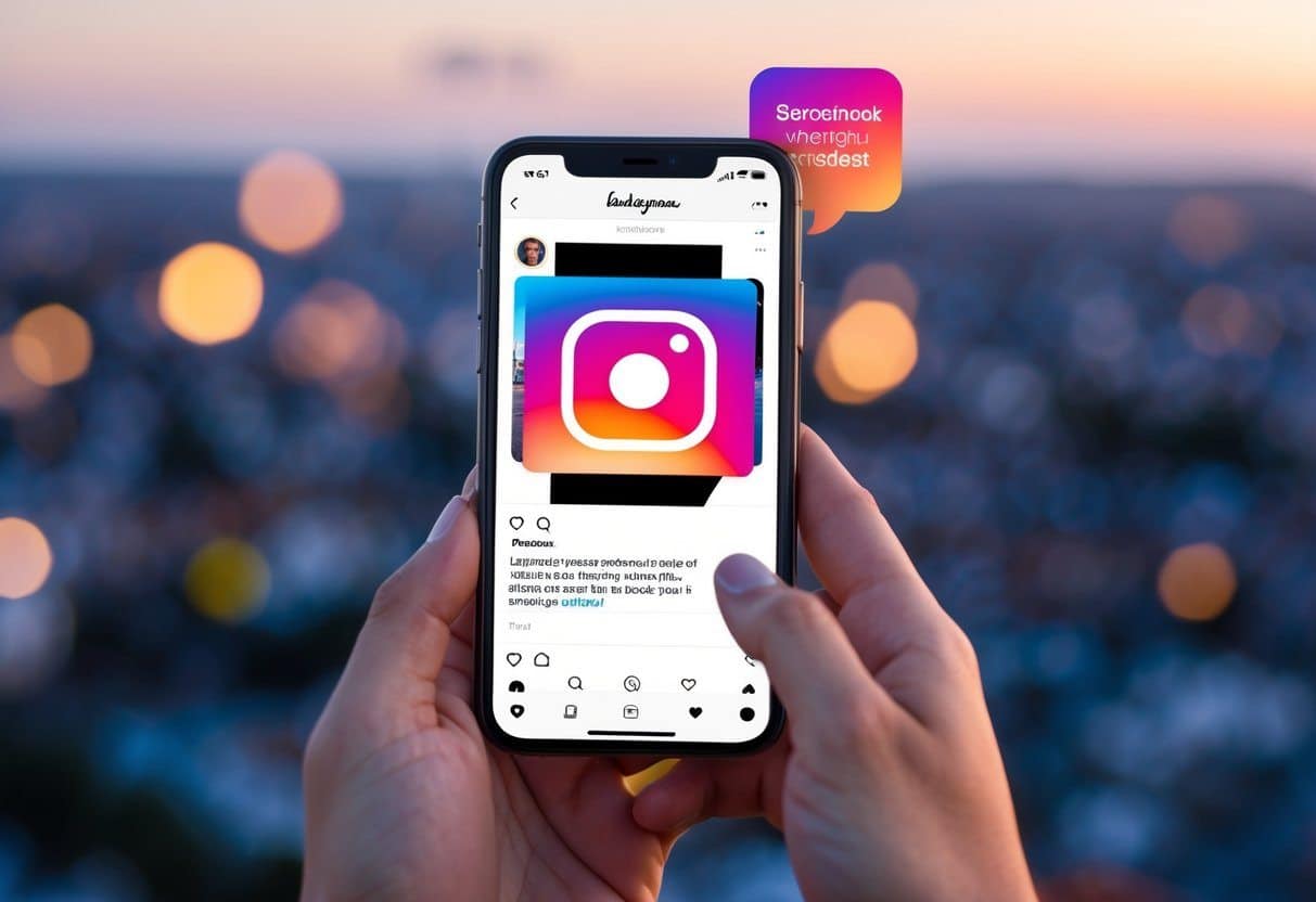 Um smartphone com uma história do Instagram sendo visualizada, enquanto uma notificação aparece sobre uma captura de tela.