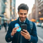 Um viajante usando o aplicativo mytrip com confiança no smartphone