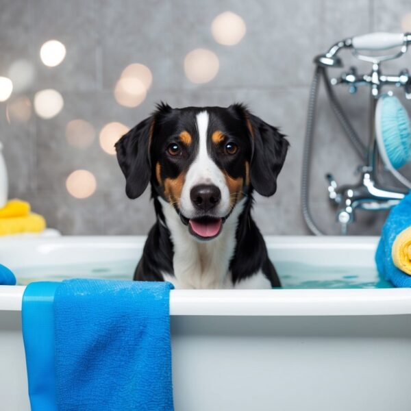 Um cachorro sendo banhado em uma banheira, com água e sabão, cercado por toalhas e suprimentos de grooming.