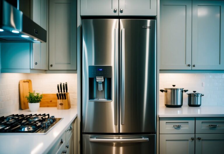 Uma geladeira barulhenta zune alto em uma cozinha silenciosa