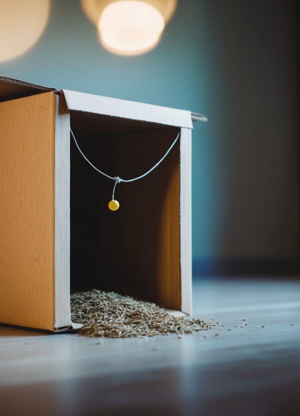 Uma caixa de papelão com uma porta trap e uma corda amarrada, iscada com catnip dentro de um quarto mal iluminado