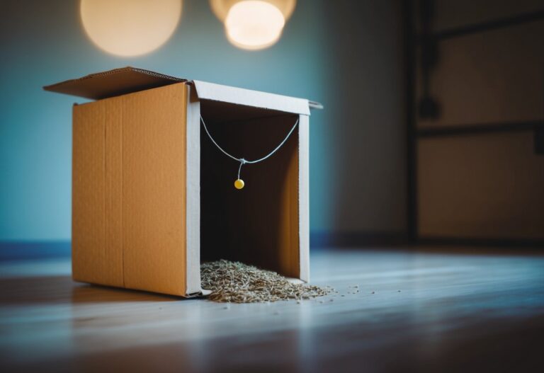 Uma caixa de papelão com uma porta trap e uma corda amarrada, iscada com catnip dentro de um quarto mal iluminado