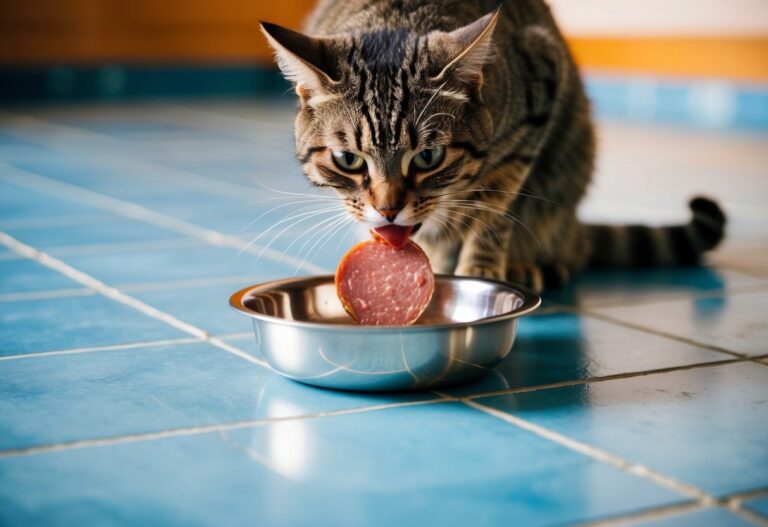 Um gato come avidamente mortadela de uma tigela de prata em um chão de azulejos.
