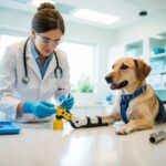 Um veterinário mede e molda cuidadosamente uma prótese personalizada para um cachorro, usando ferramentas e materiais especializados em uma clínica moderna e iluminada.