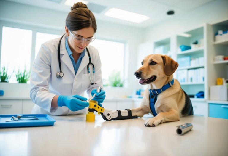 Um veterinário mede e molda cuidadosamente uma prótese personalizada para um cachorro, usando ferramentas e materiais especializados em uma clínica moderna e iluminada.
