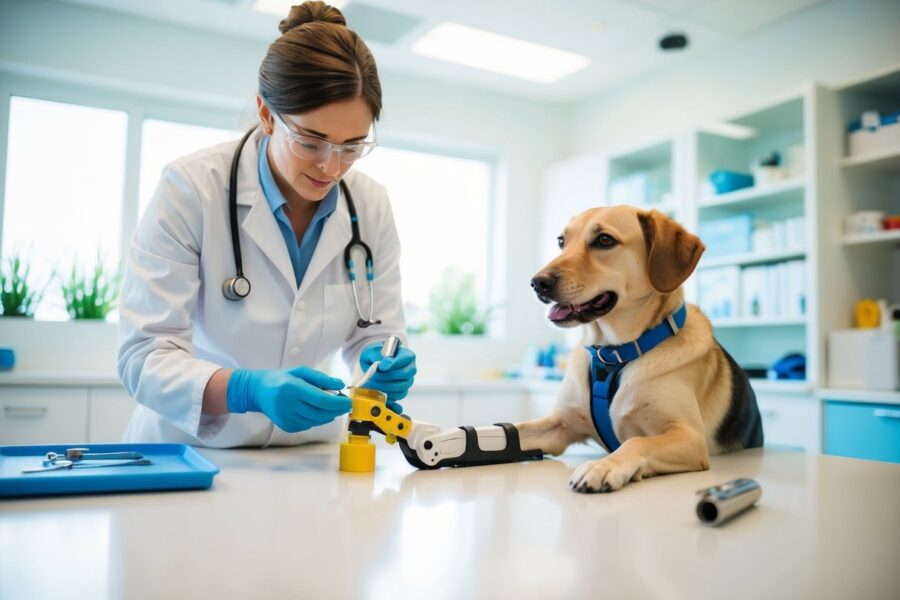 Um veterinário mede e molda cuidadosamente uma prótese personalizada para um cachorro, usando ferramentas e materiais especializados em uma clínica moderna e iluminada.