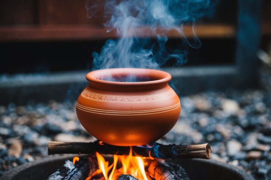 Uma panela de barro está em uma fogueira crepitante, com vapor subindo de dentro.