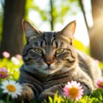 Um gato deitado pacificamente com os olhos abertos, cercado por flores e pela luz do sol filtrando através das árvores