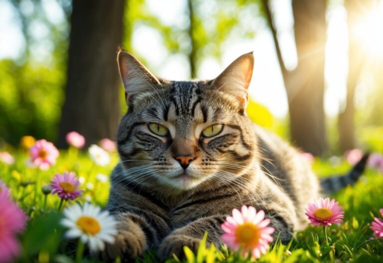 Um gato deitado pacificamente com os olhos abertos, cercado por flores e pela luz do sol filtrando através das árvores