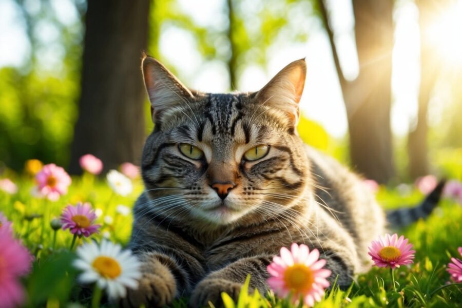 Um gato deitado pacificamente com os olhos abertos, cercado por flores e pela luz do sol filtrando através das árvores