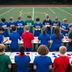 Um grupo de estudantes de diferentes turmas se reúne em um campo esportivo, vestindo as cores de suas respectivas turmas, enquanto eles projetam e pintam camisetas interclasse juntos.