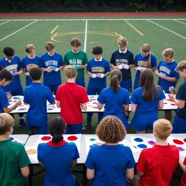 Um grupo de estudantes de diferentes turmas se reúne em um campo esportivo, vestindo as cores de suas respectivas turmas, enquanto eles projetam e pintam camisetas interclasse juntos.