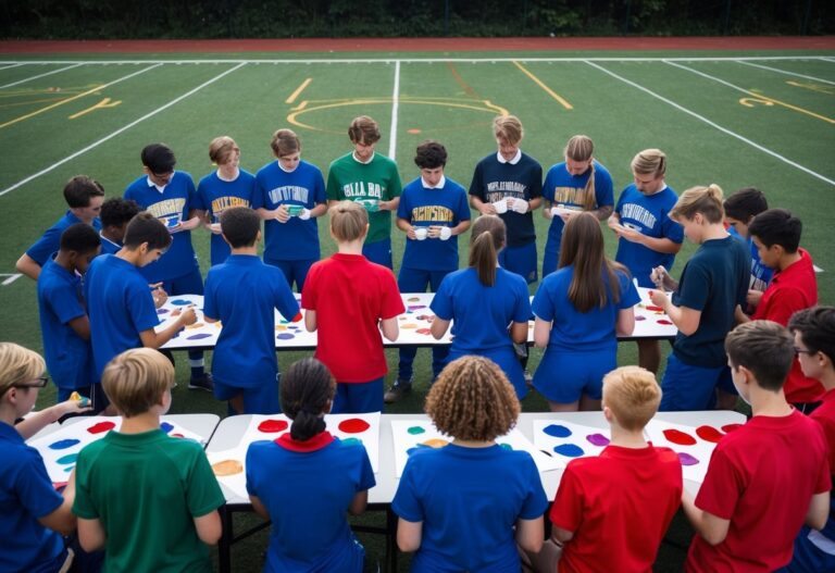 Um grupo de estudantes de diferentes turmas se reúne em um campo esportivo, vestindo as cores de suas respectivas turmas, enquanto eles projetam e pintam camisetas interclasse juntos.