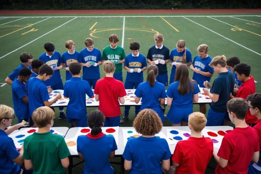 Um grupo de estudantes de diferentes turmas se reúne em um campo esportivo, vestindo as cores de suas respectivas turmas, enquanto eles projetam e pintam camisetas interclasse juntos.