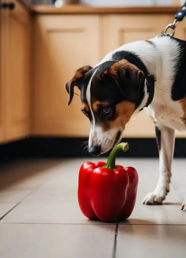 Um cachorro cheira ansiosamente um pimentão vermelho no chão da cozinha