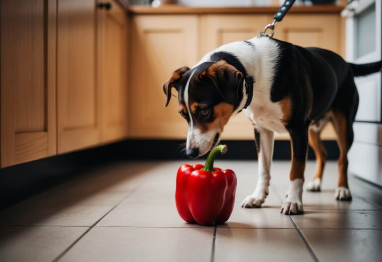 Um cachorro cheira ansiosamente um pimentão vermelho no chão da cozinha