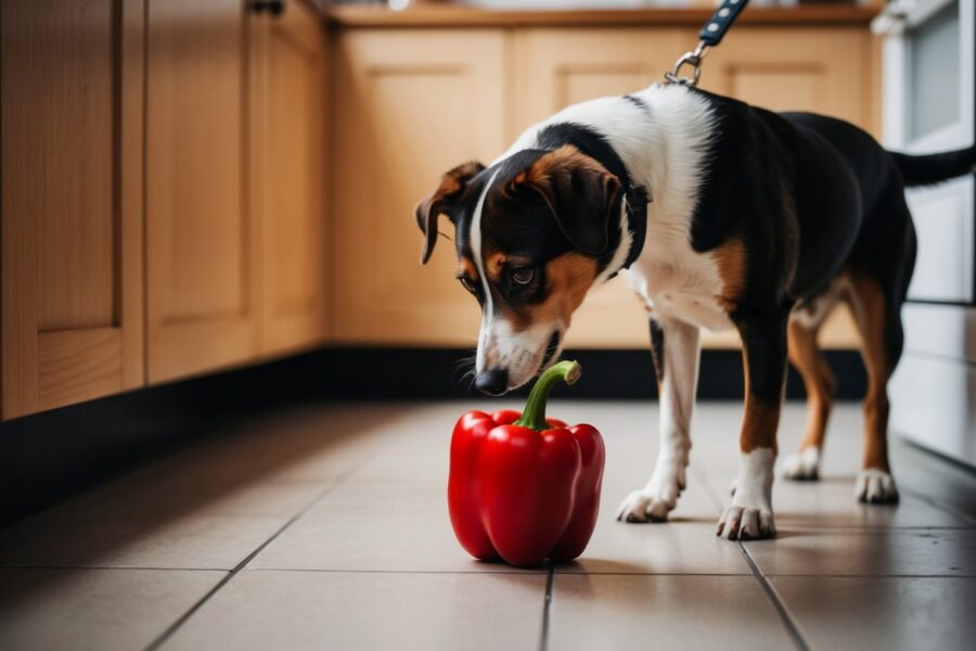 Um cachorro cheira ansiosamente um pimentão vermelho no chão da cozinha