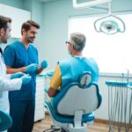 Um consultório dentário com uma cadeira odontológica e ferramentas, um paciente discutindo com o dentista o custo da remoção de um implante dentário.