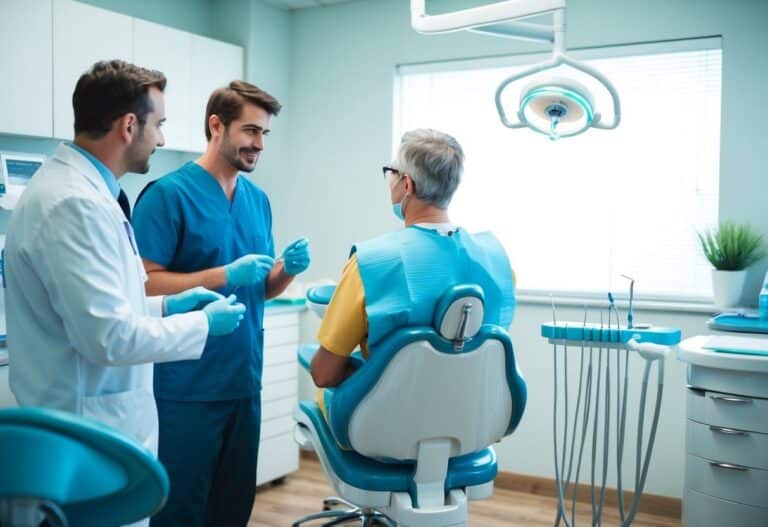 Um consultório dentário com uma cadeira odontológica e ferramentas, um paciente discutindo com o dentista o custo da remoção de um implante dentário.