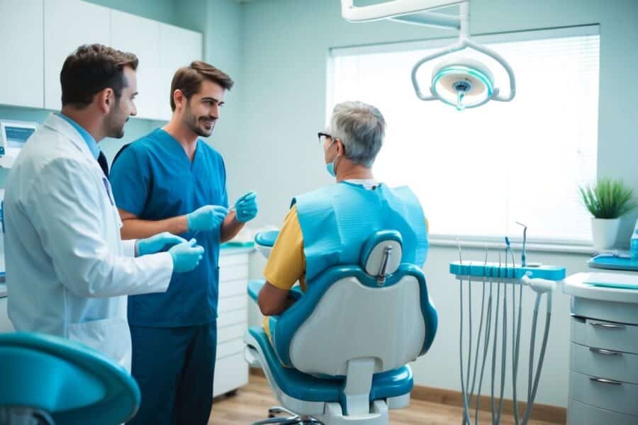 Um consultório dentário com uma cadeira odontológica e ferramentas, um paciente discutindo com o dentista o custo da remoção de um implante dentário.