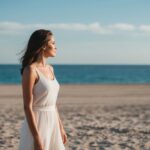 Uma mulher está sozinha em uma praia deserta, olhando para o horizonte distante onde o oceano encontra o céu.