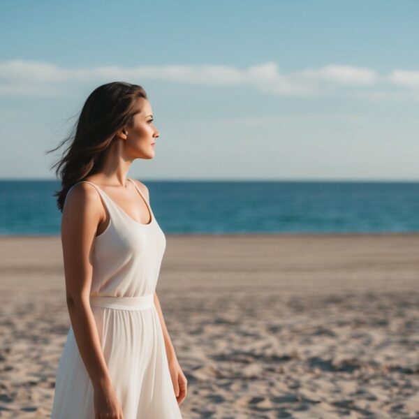 Uma mulher está sozinha em uma praia deserta, olhando para o horizonte distante onde o oceano encontra o céu.