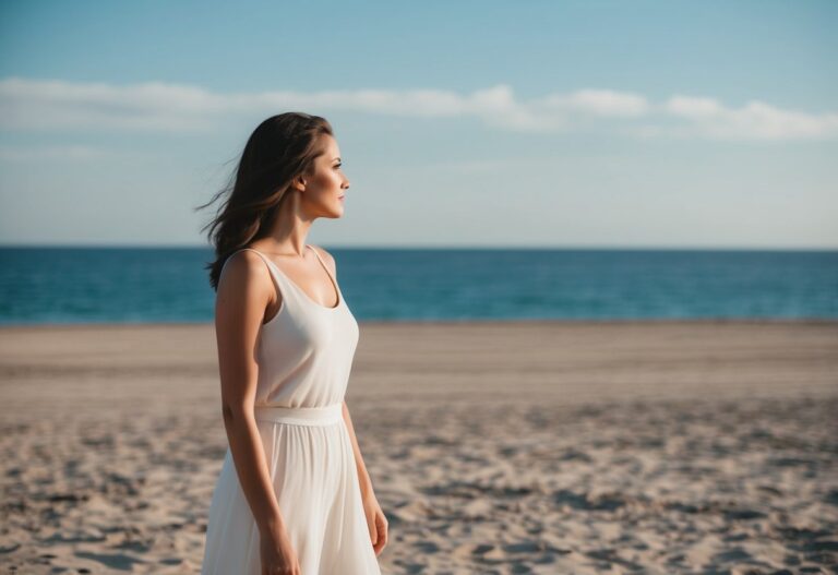 Uma mulher está sozinha em uma praia deserta, olhando para o horizonte distante onde o oceano encontra o céu.