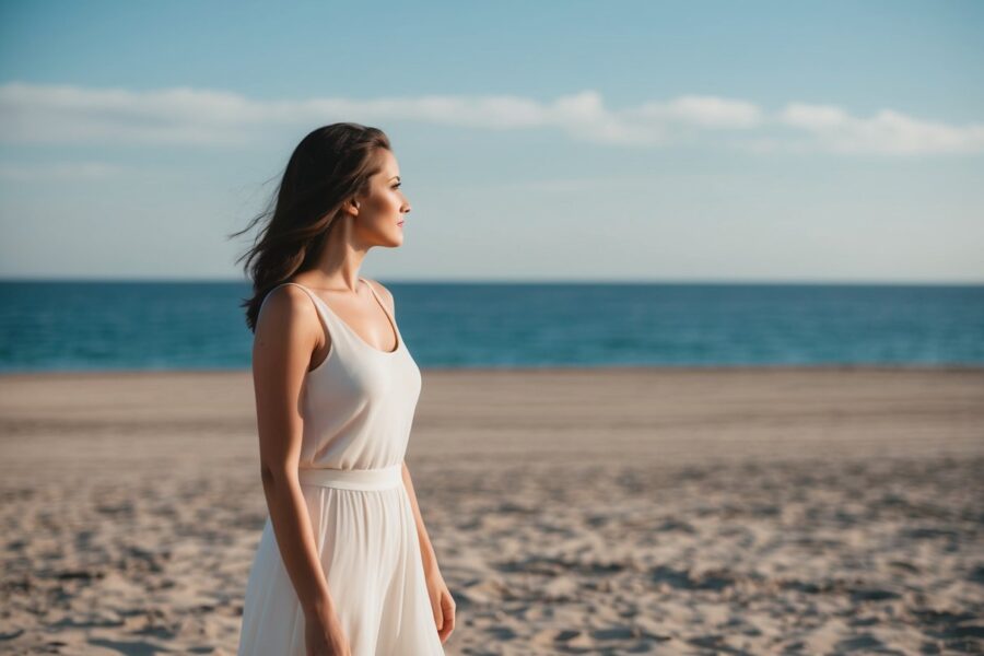 Uma mulher está sozinha em uma praia deserta, olhando para o horizonte distante onde o oceano encontra o céu.