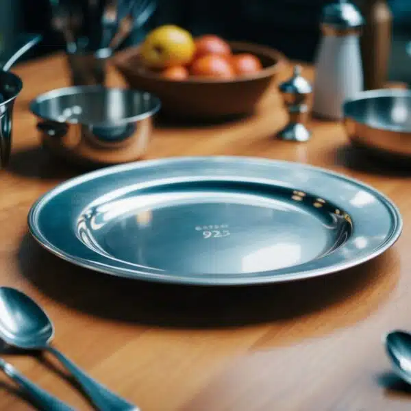 Um prato de prata 925 em cima de uma mesa de madeira, cercado por vários utensílios e itens de cozinha