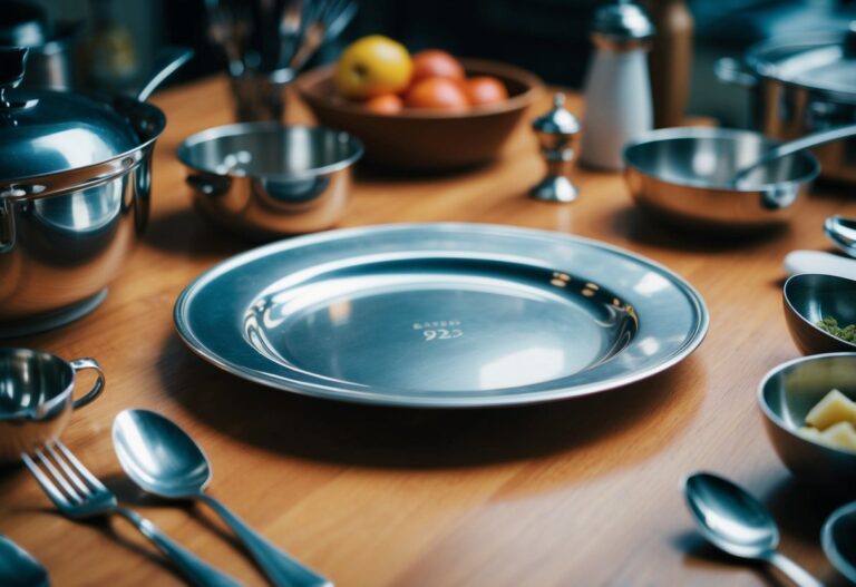 Um prato de prata 925 em cima de uma mesa de madeira, cercado por vários utensílios e itens de cozinha