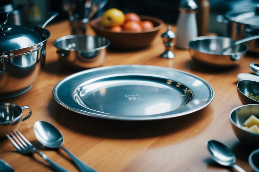 Um prato de prata 925 em cima de uma mesa de madeira, cercado por vários utensílios e itens de cozinha