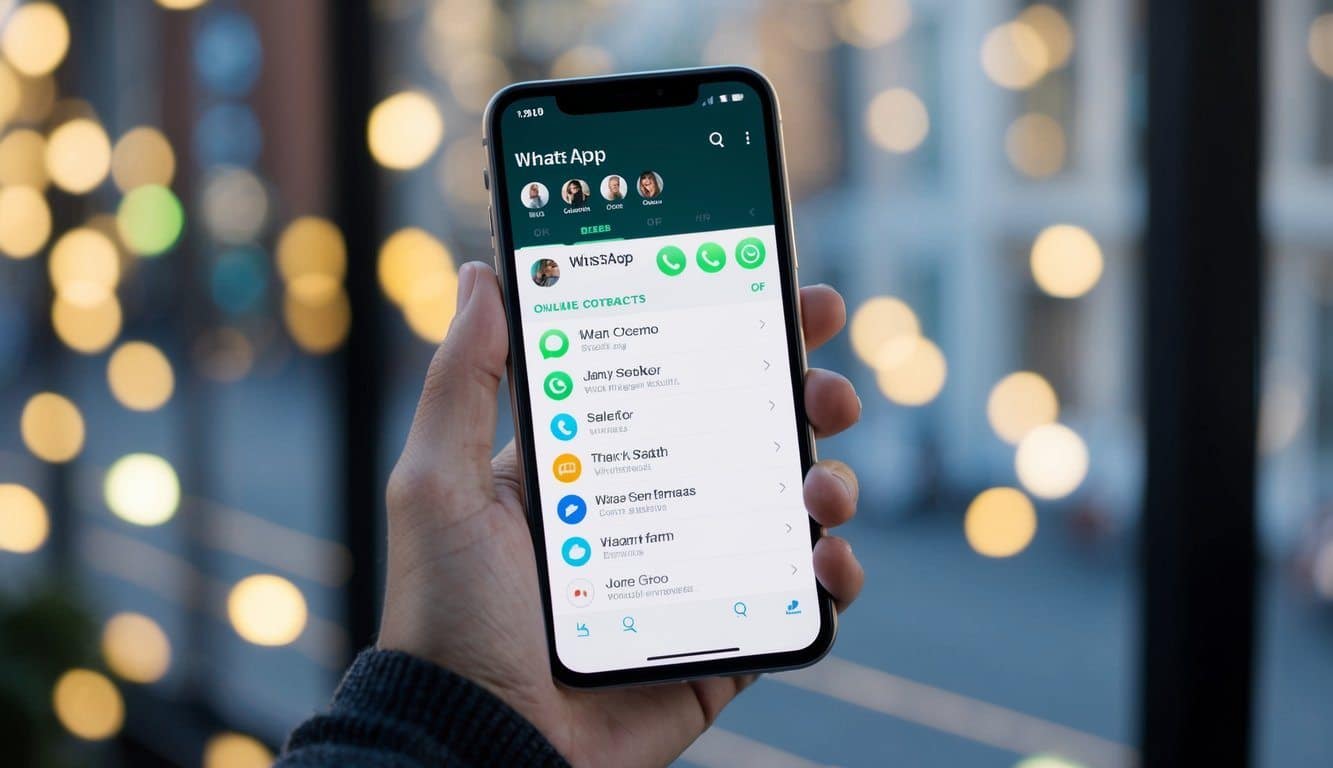 Um smartphone com o aplicativo WhatsApp aberto, mostrando uma lista de contatos e seus indicadores de status online.