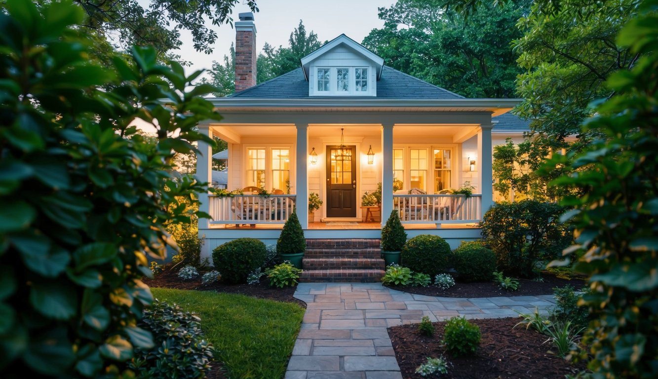 Uma casa aconchegante e acolhedora, com um brilho quente e móveis familiares, cercada por uma vegetação exuberante e uma sensação de paz e conforto.