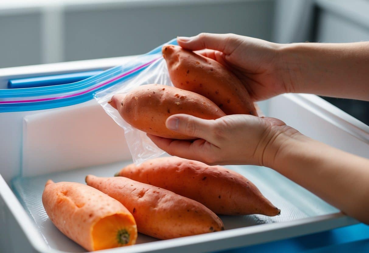 Uma mão colocando batatas-doces em um saco plástico, depois selando e colocando no congelador.