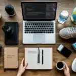 Mesa organizada com itens diversos representando interesses pessoais, como câmera, caderno, laptop, tênis de corrida, livro de viagem, xícara de café e planta.