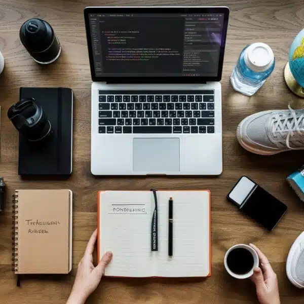 Mesa organizada com itens diversos representando interesses pessoais, como câmera, caderno, laptop, tênis de corrida, livro de viagem, xícara de café e planta.