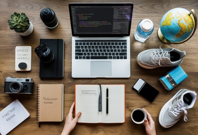 Mesa organizada com itens diversos representando interesses pessoais, como câmera, caderno, laptop, tênis de corrida, livro de viagem, xícara de café e planta.