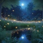Floresta noturna iluminada por vagalumes brilhantes voando sobre plantas verdes e flores, com um lago refletindo as luzes no cenário tranquilo.