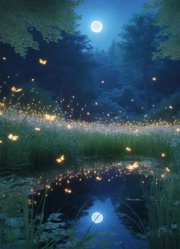 Floresta noturna iluminada por vagalumes brilhantes voando sobre plantas verdes e flores, com um lago refletindo as luzes no cenário tranquilo.