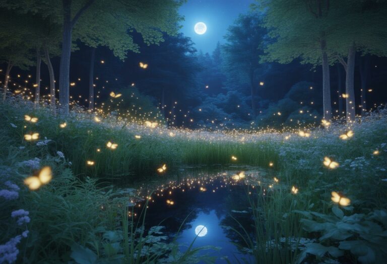 Floresta noturna iluminada por vagalumes brilhantes voando sobre plantas verdes e flores, com um lago refletindo as luzes no cenário tranquilo.