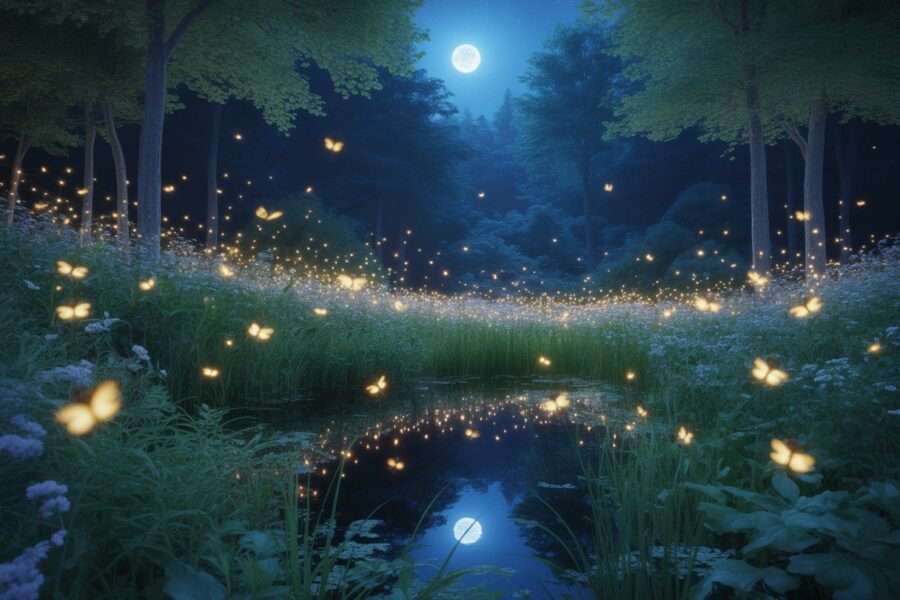 Floresta noturna iluminada por vagalumes brilhantes voando sobre plantas verdes e flores, com um lago refletindo as luzes no cenário tranquilo.