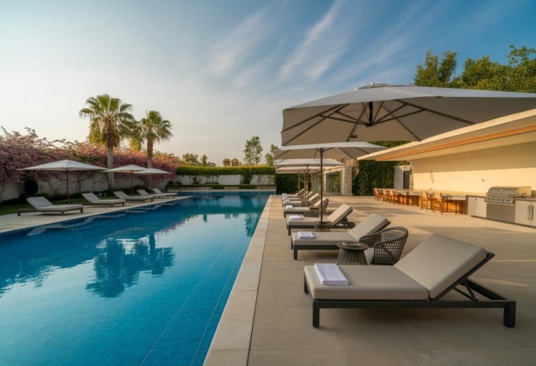 Área de lazer com piscina grande, cadeiras de descanso, guarda-sóis, plantas ao redor e um espaço externo com móveis confortáveis.