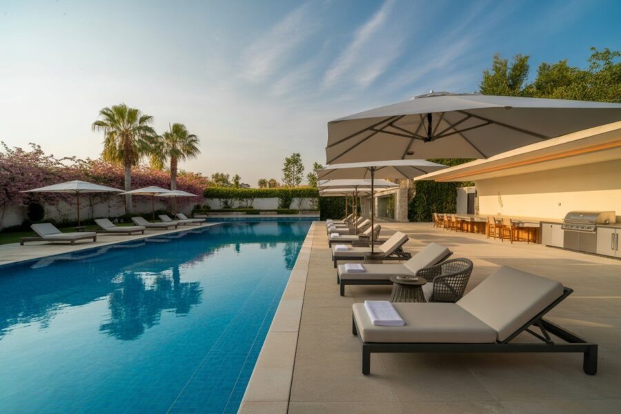 Área de lazer com piscina grande, cadeiras de descanso, guarda-sóis, plantas ao redor e um espaço externo com móveis confortáveis.